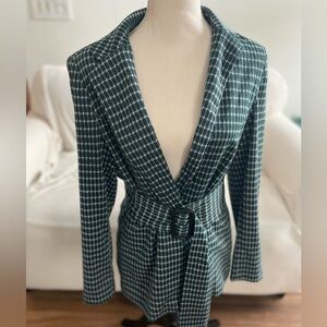 Haute Monde green check belted jacket feminine businesss casual sz L lined